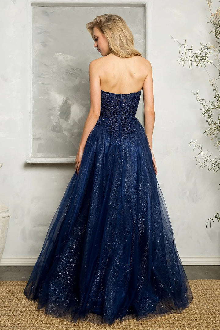 Lumidress Strapless Lace Applique Glitter Tulle A-Line Slit Gown