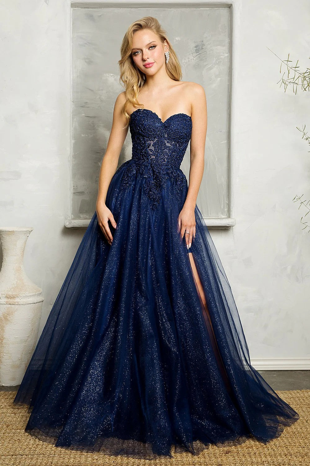 Lumidress Strapless Lace Applique Glitter Tulle A-Line Slit Gown
