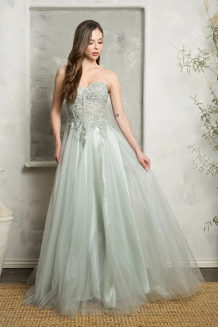 Lumidress Strapless Lace Applique Glitter Tulle A-Line Slit Gown