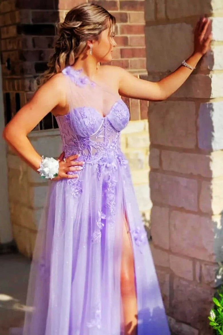 Lumidress Dreamy Lavender One-Shoulder Sheer Mesh Long Prom Dress