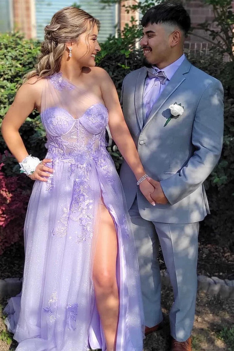 Lumidress Dreamy Lavender One-Shoulder Sheer Mesh Long Prom Dress