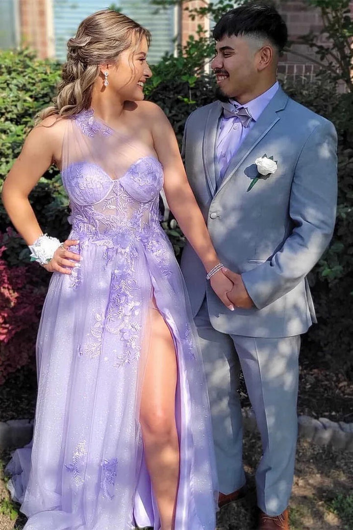 Lumidress Dreamy Lavender One-Shoulder Sheer Mesh Long Prom Dress