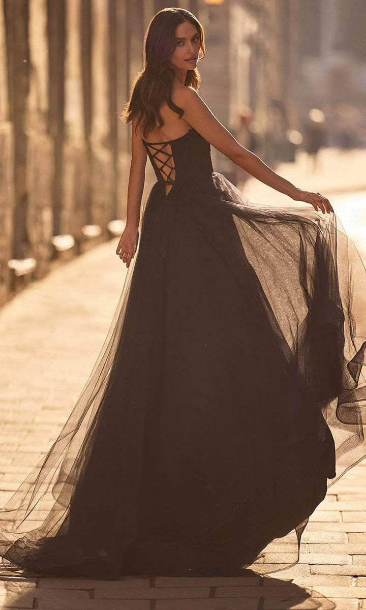 Lumidress Black Off-Shoulder Lace-Up Back Prom Gown with Rhinestone Embellished