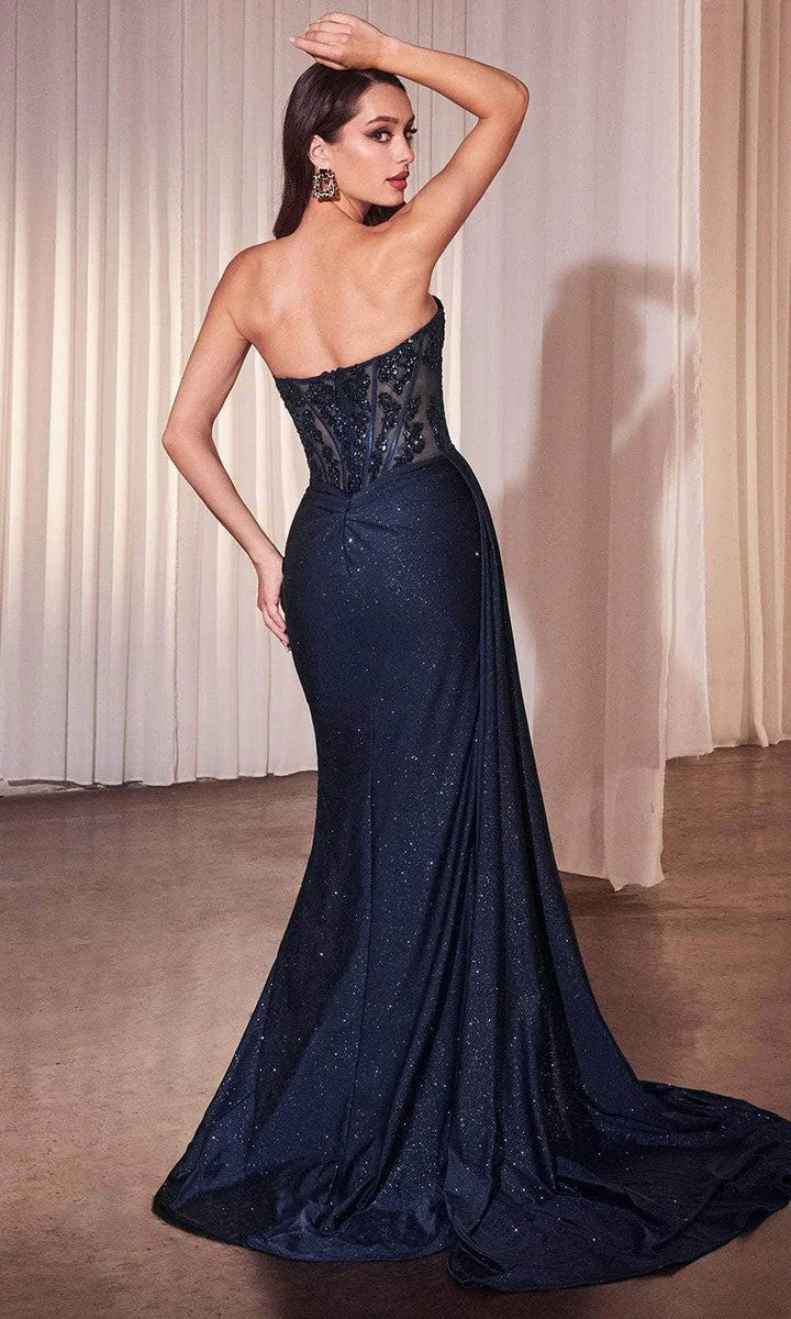 Lumidress Navy Sweetheart Neck Embroidered Illusion Corset High Slit Prom Dress