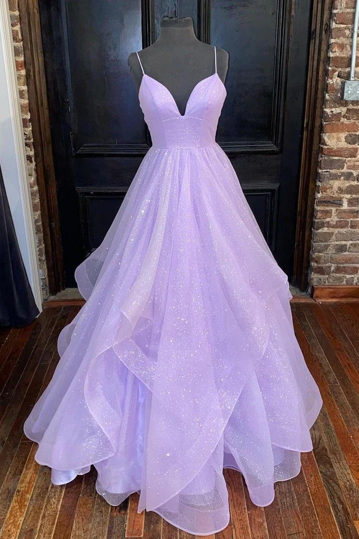 Lumidress Sparkling Lavender V-Neck Tiered Tulle Strappy Long Prom Dress