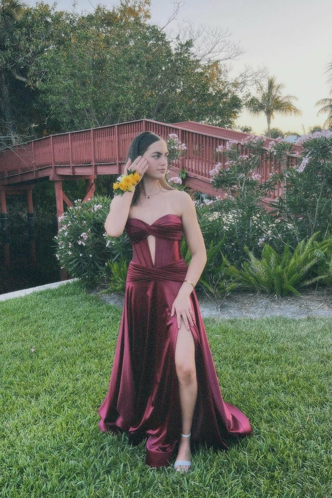 Lumidress Burgundy Satin A-Line Prom Dress with Sweetheart Neck and Keyhole Slit