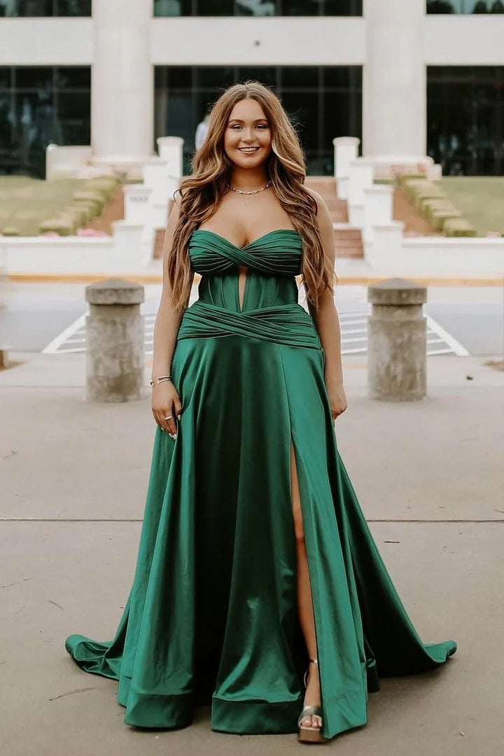 Lumidress Burgundy Satin A-Line Prom Dress with Sweetheart Neck and Keyhole Slit