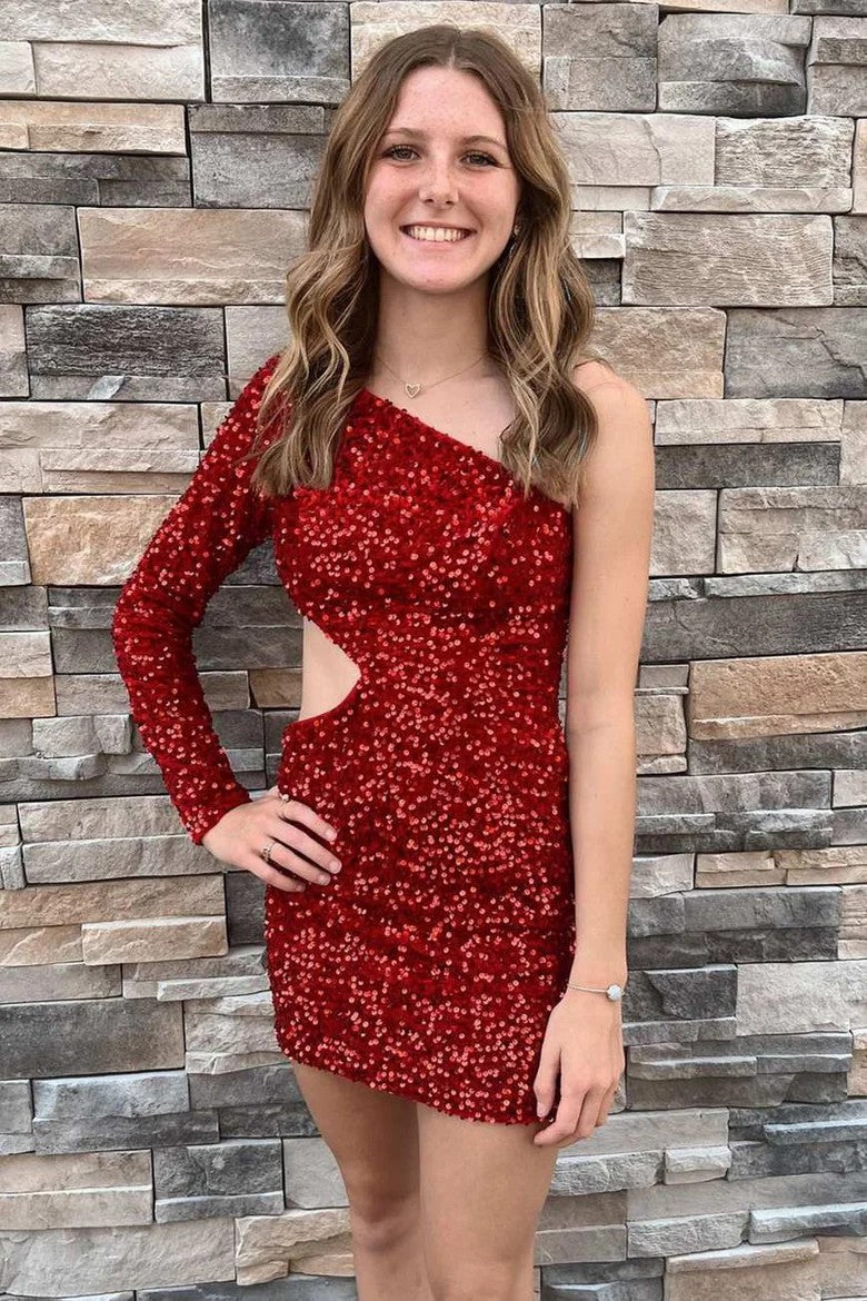 Lumidress Sparkling Purple Sequin One-Sleeve Cutout Mini Homecoming Cocktail Dress