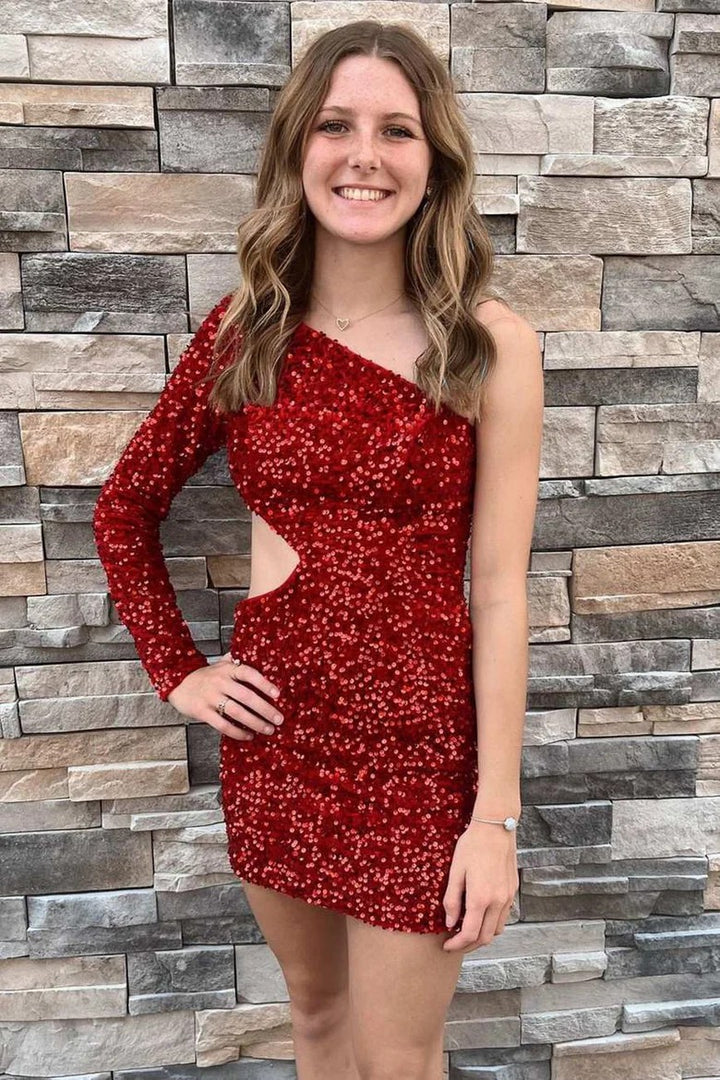 Lumidress Sparkling Purple Sequin One-Sleeve Cutout Mini Homecoming Cocktail Dress