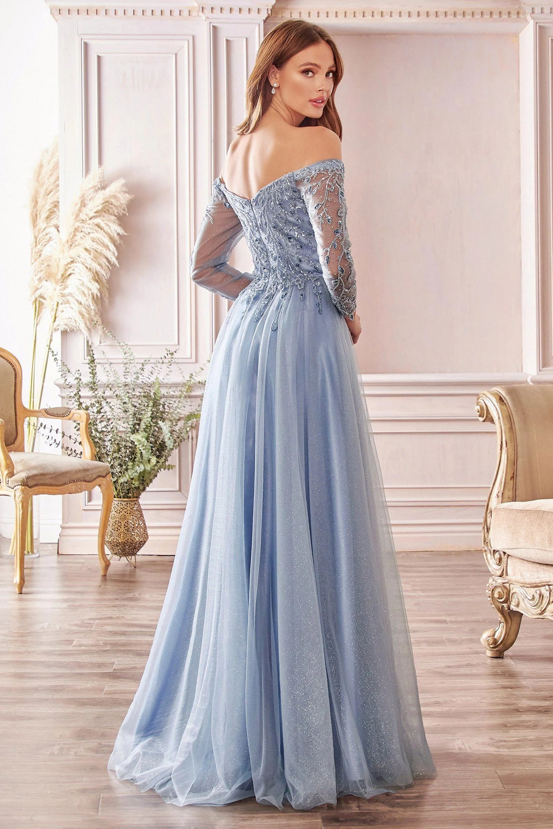 Lumidress Off Shoulder Long Sleeve A-Line Glitter Tulle Dress