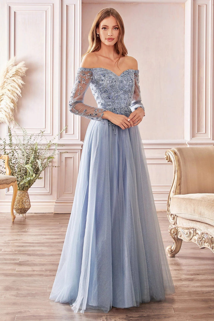 Lumidress Off Shoulder Long Sleeve A-Line Glitter Tulle Dress