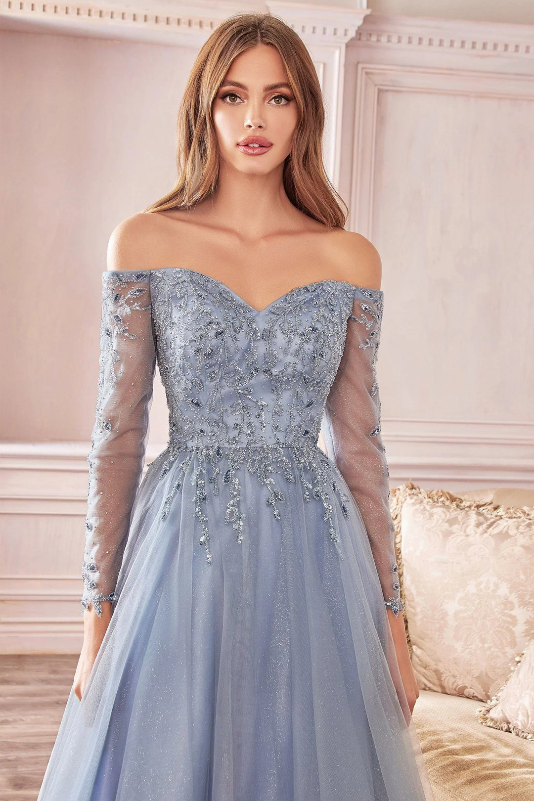 Lumidress Off Shoulder Long Sleeve A-Line Glitter Tulle Dress