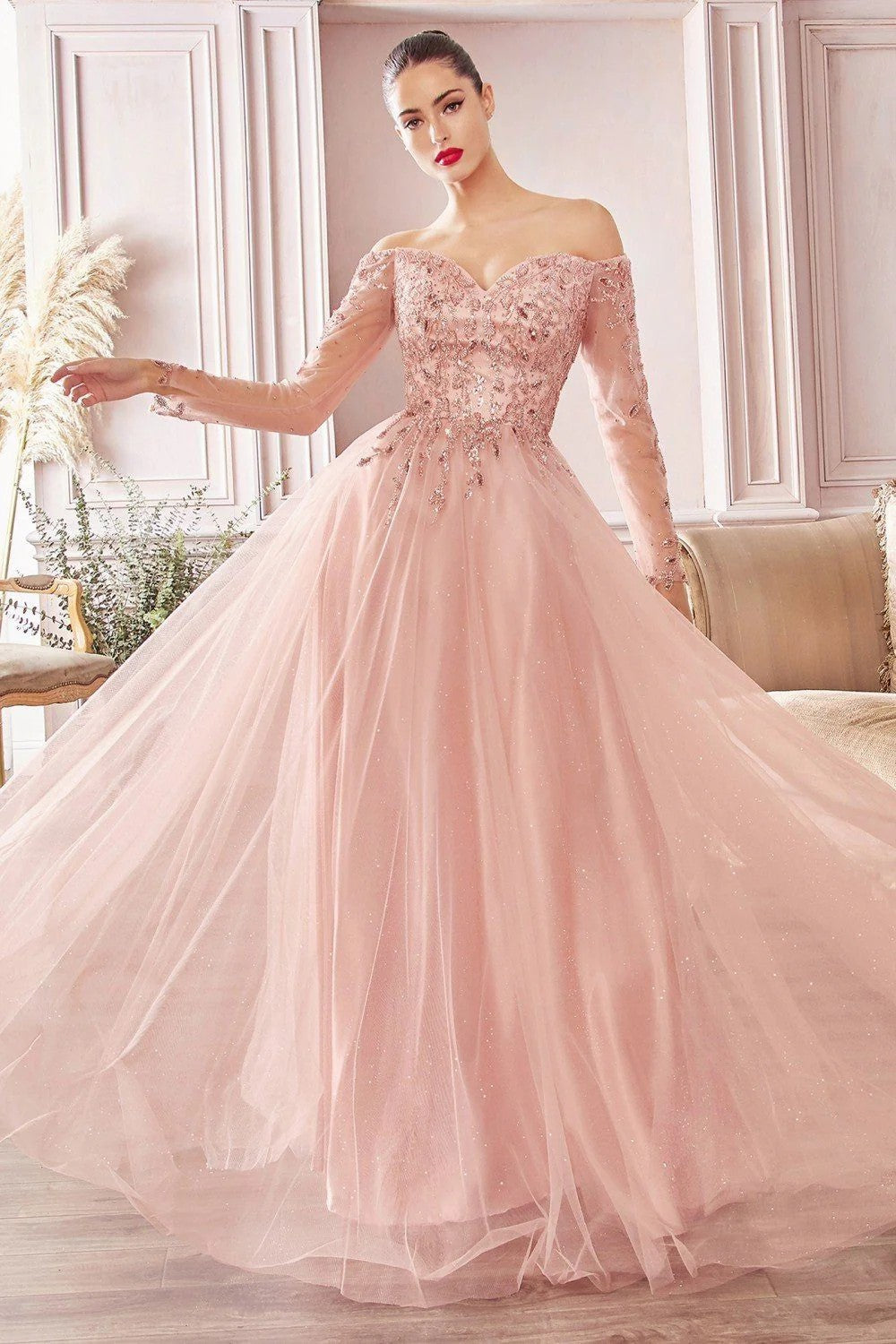 Lumidress Off Shoulder Long Sleeve A-Line Glitter Tulle Dress