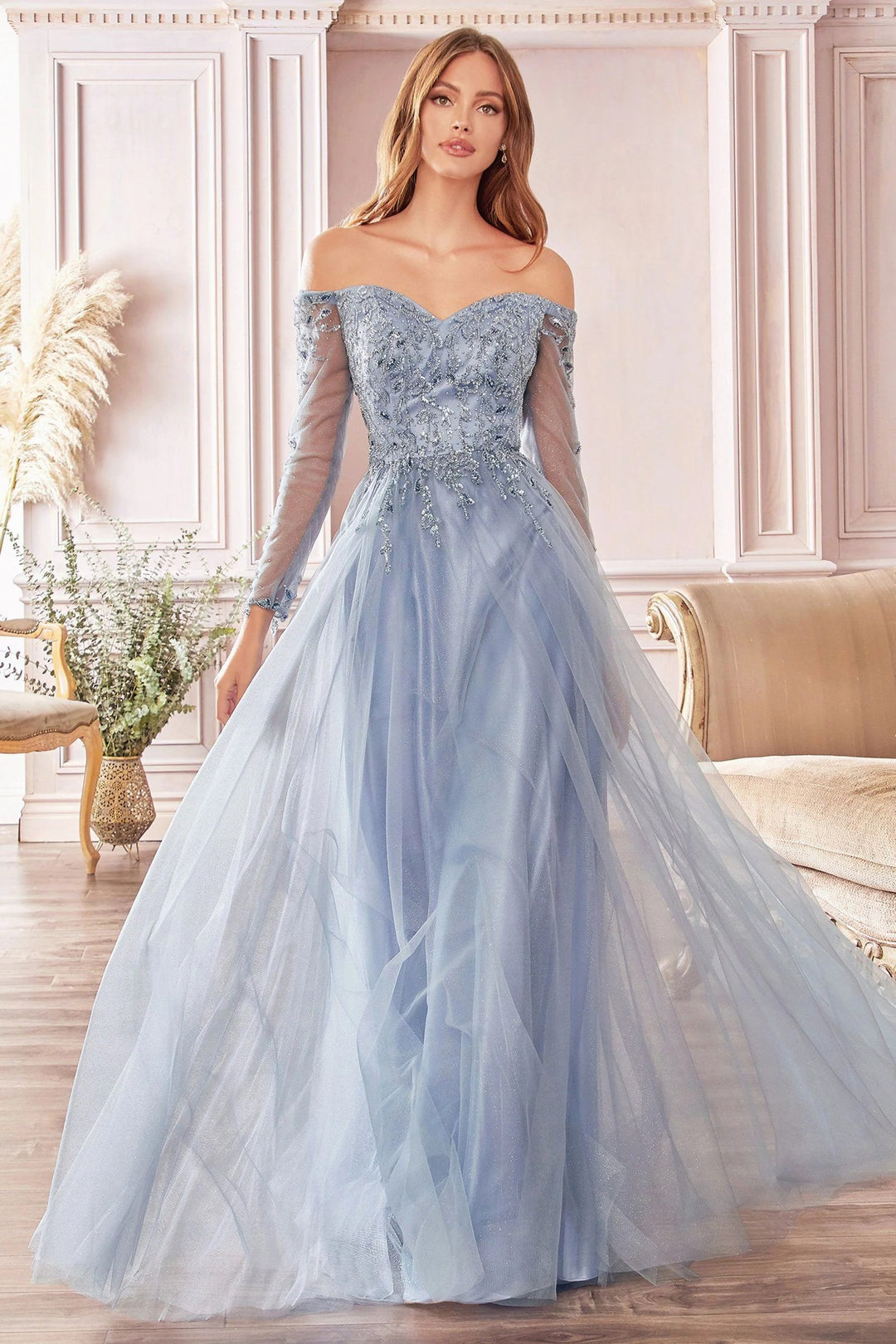 Lumidress Off Shoulder Long Sleeve A-Line Glitter Tulle Dress