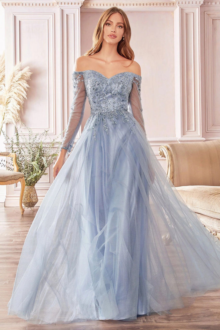 Lumidress Off Shoulder Long Sleeve A-Line Glitter Tulle Dress