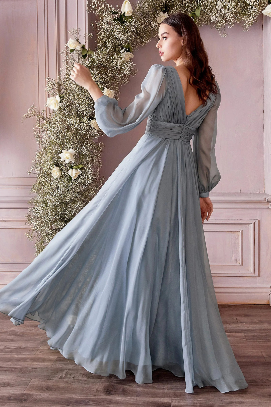 Lumidress Elegant Long Sleeve V-Neck A-Line Chiffon Evening Dress