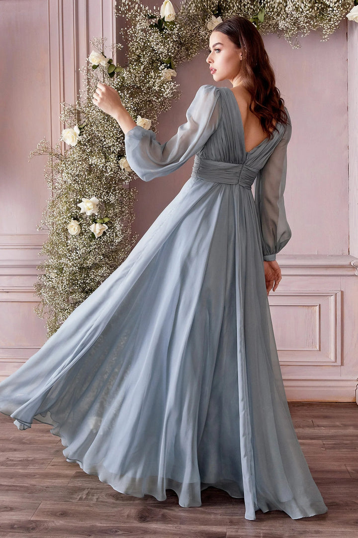 Lumidress Elegant Long Sleeve V-Neck A-Line Chiffon Evening Dress