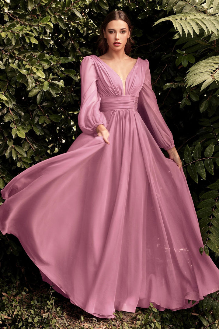 Lumidress Elegant Long Sleeve V-Neck A-Line Chiffon Evening Dress