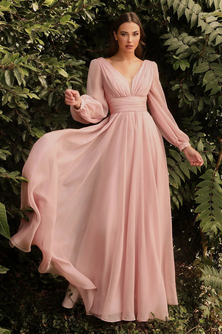 Lumidress Elegant Long Sleeve V-Neck A-Line Chiffon Evening Dress