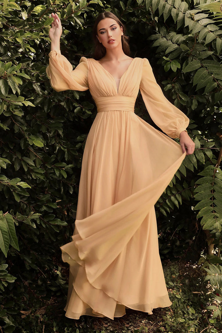 Lumidress Elegant Long Sleeve V-Neck A-Line Chiffon Evening Dress