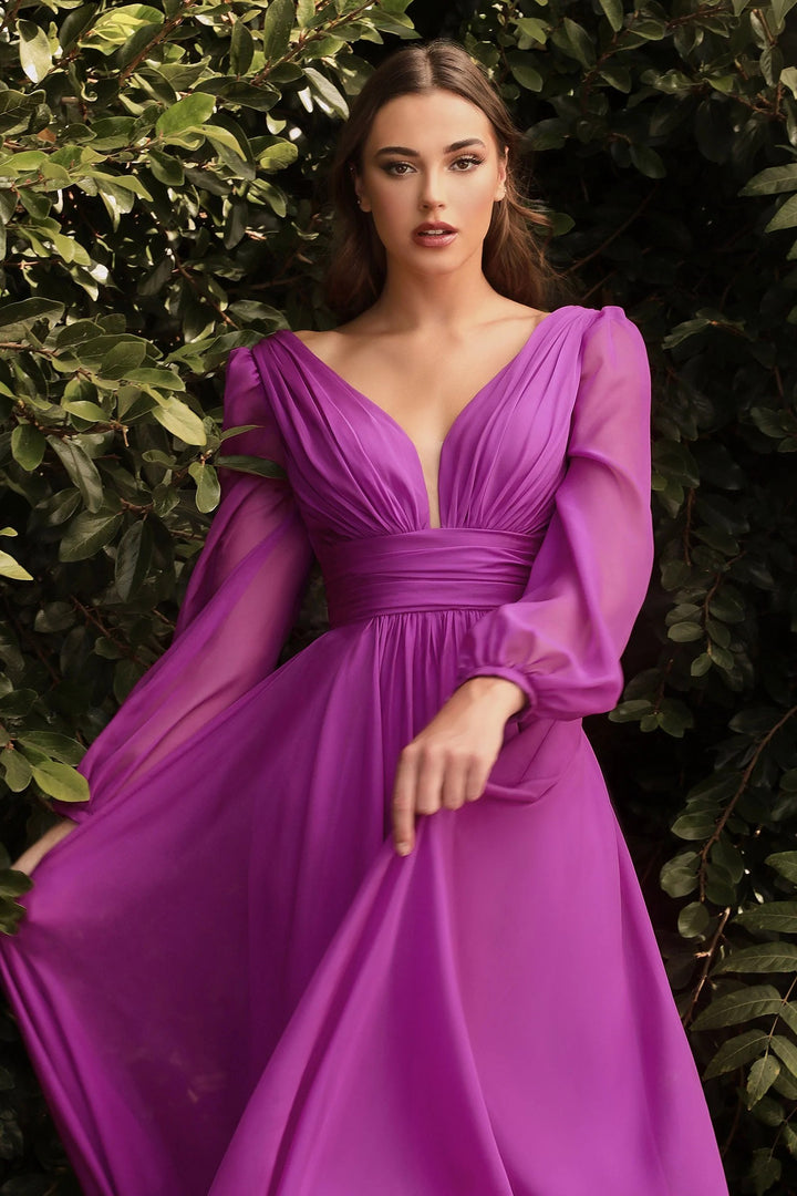 Lumidress Elegant Long Sleeve V-Neck A-Line Chiffon Evening Dress