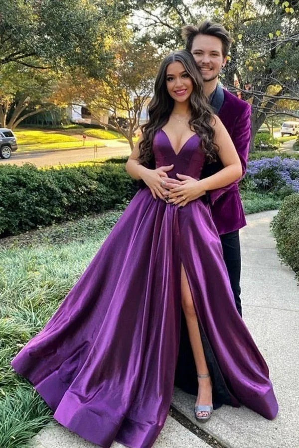Lumidress Purple Satin Backless A-Line Prom Dress with Side Slit