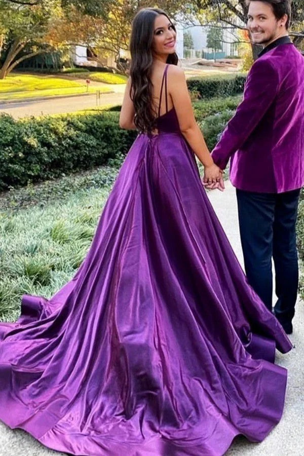 Lumidress Purple Satin Backless A-Line Prom Dress with Side Slit
