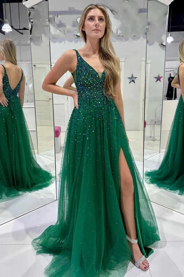 Lumidress Sparkling Dark Green Sequin Tulle A-Line Prom Dress with Elegant V-Neck