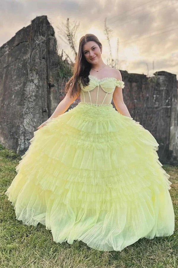Lumidress Romantic Light Yellow Off-the-Shoulder Prom Dress with Layered Ruffles