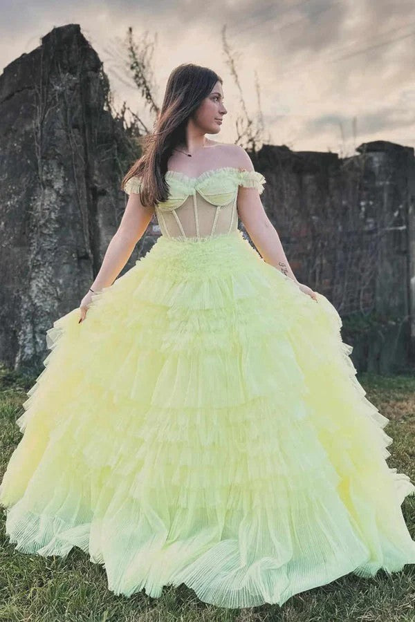 Lumidress Romantic Light Yellow Off-the-Shoulder Prom Dress with Layered Ruffles