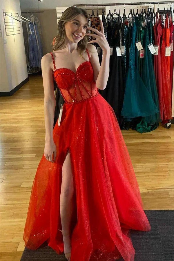 Lumidress Red Beaded Sparkly A-Line Prom Dress with Straps