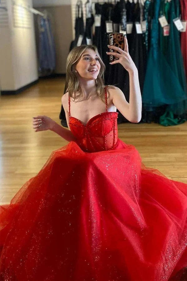 Lumidress Red Beaded Sparkly A-Line Prom Dress with Straps