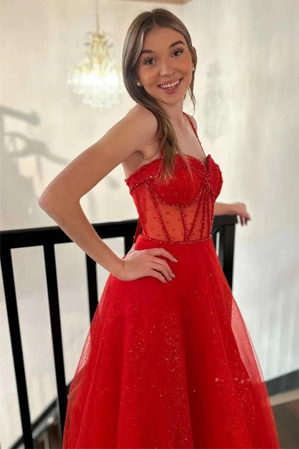 Lumidress Red Beaded Sparkly A-Line Prom Dress with Straps