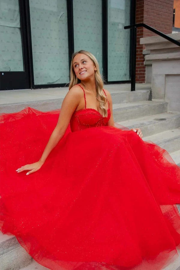 Lumidress Red Beaded Sparkly A-Line Prom Dress with Straps