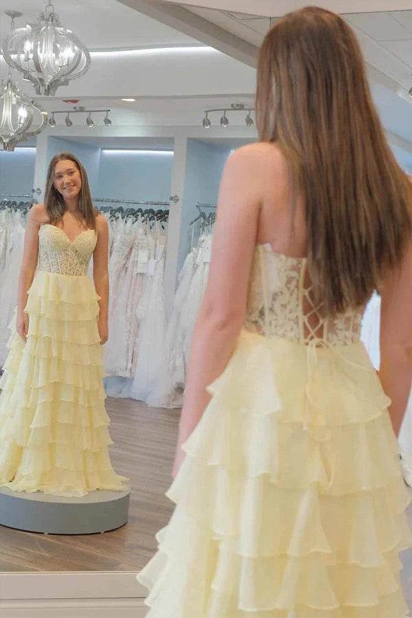 Lumidress Romantic Sweetheart Lace Corset A-Line Chiffon Prom Gown