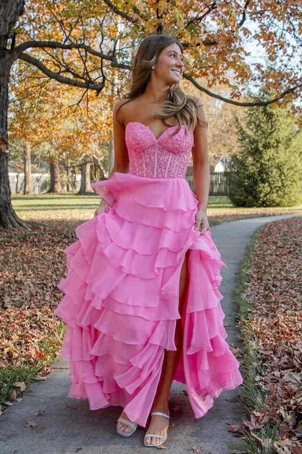 Lumidress Romantic Sweetheart Lace Corset A-Line Chiffon Prom Gown