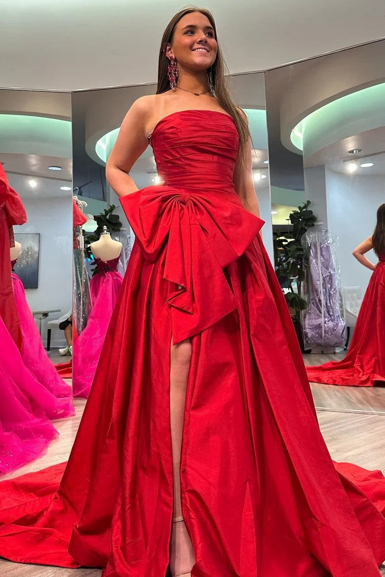 Lumidress Neon Pink Strapless Ball Gown Prom Dress with Bow and Slit