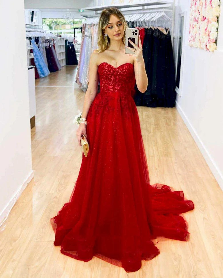 Lumidress Red Strapless A-Line Long Formal Prom Dress with Lace Appliques