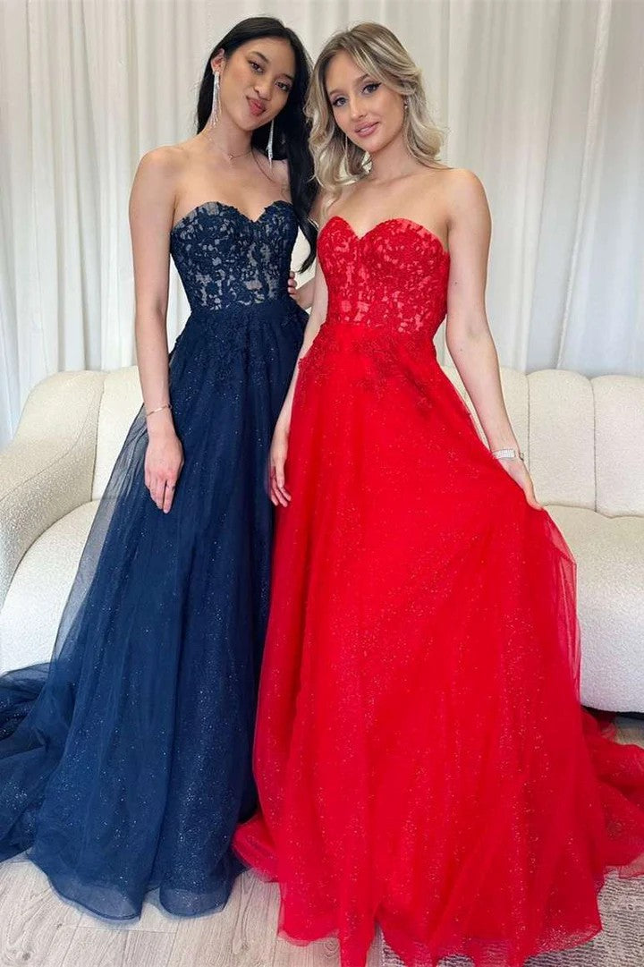 Lumidress Red Strapless A-Line Long Formal Prom Dress with Lace Appliques