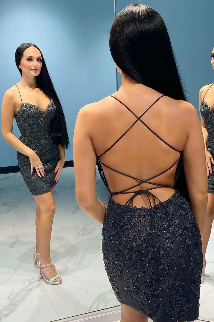 Lumidress Elegant Halter V-Neck Lace Appliqué Short Homecoming Dress