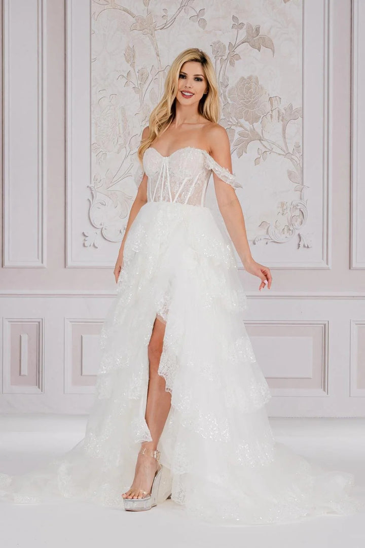 Lumidress Off Shoulder Sequin Applique Corset Layered Tulle Slit Gown