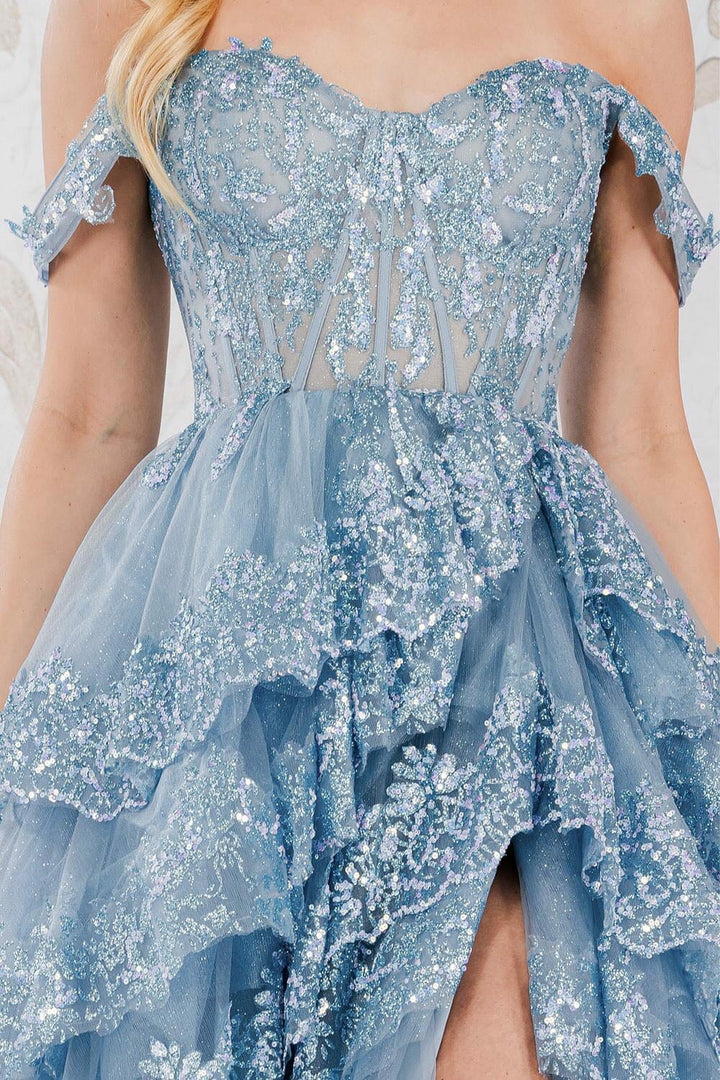 Lumidress Off Shoulder Sequin Applique Corset Layered Tulle Slit Gown