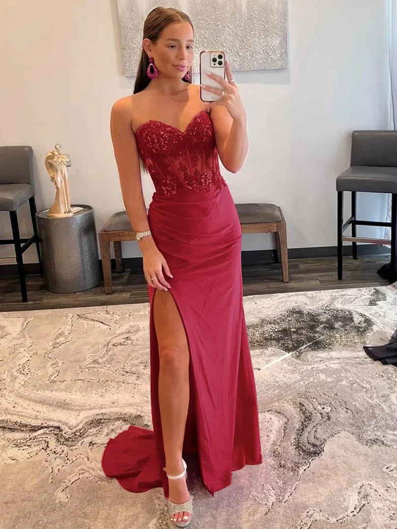 Lumidress Hot Pink Lace Applique Strapless Sheath Prom Dress with Slit