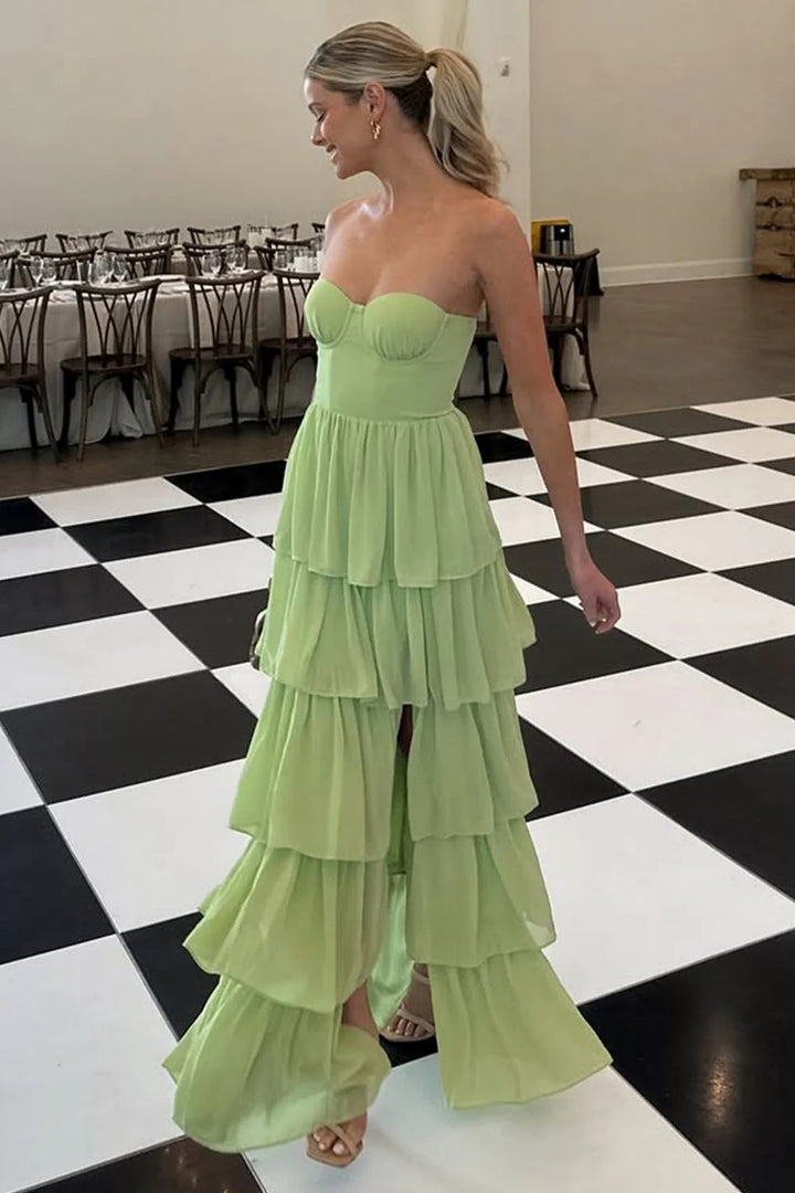 Lumidress Strapless Corset A-Line Prom Dress with Ruffle Skirt and Slit