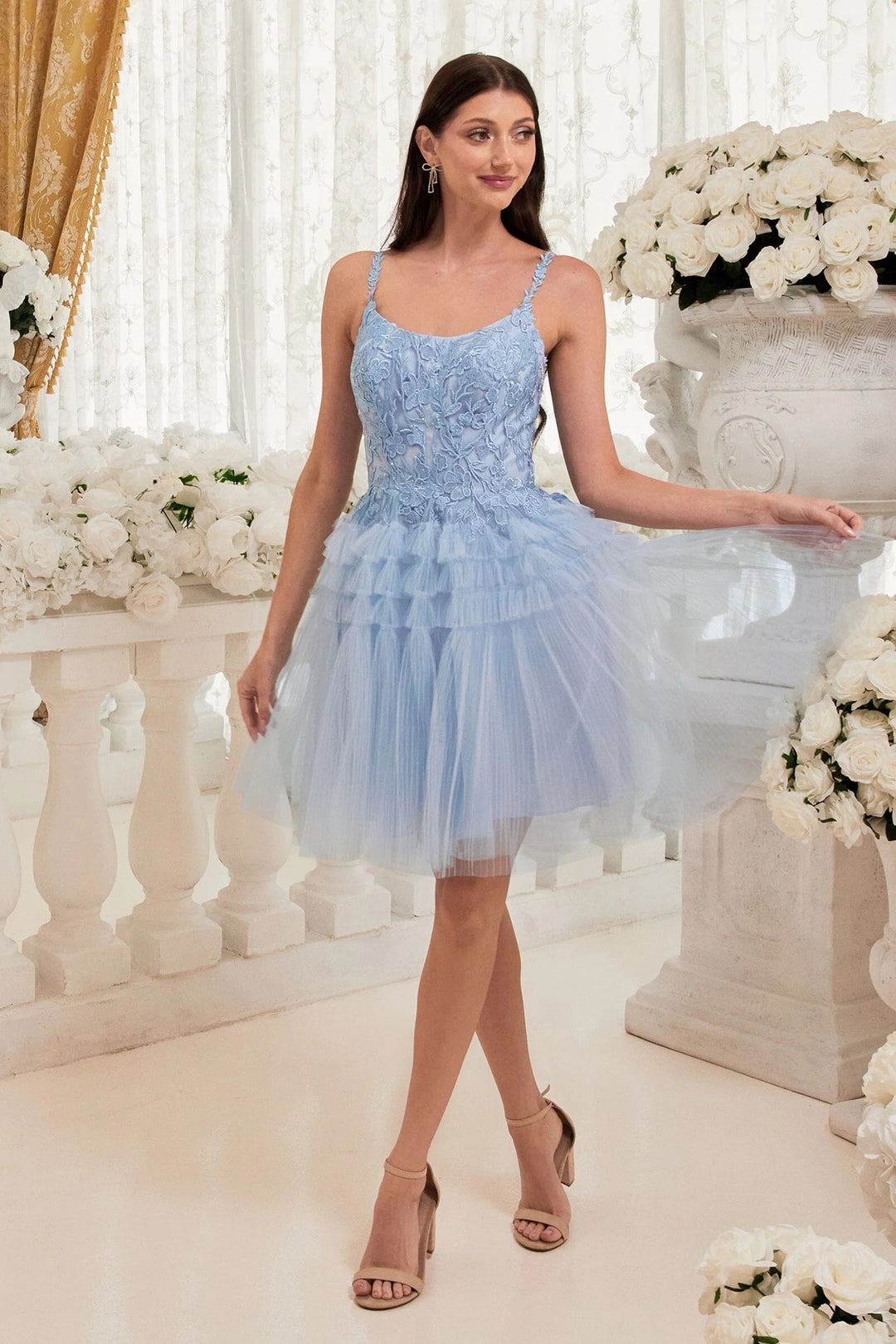 Lumidress Sleeveless Lace Applique A-Line Pleated Tulle Homecoming Dress