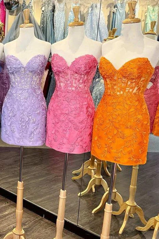 Lumidress Strapless Lace-Up Short Homecoming Dress with Elegant Lace Appliques