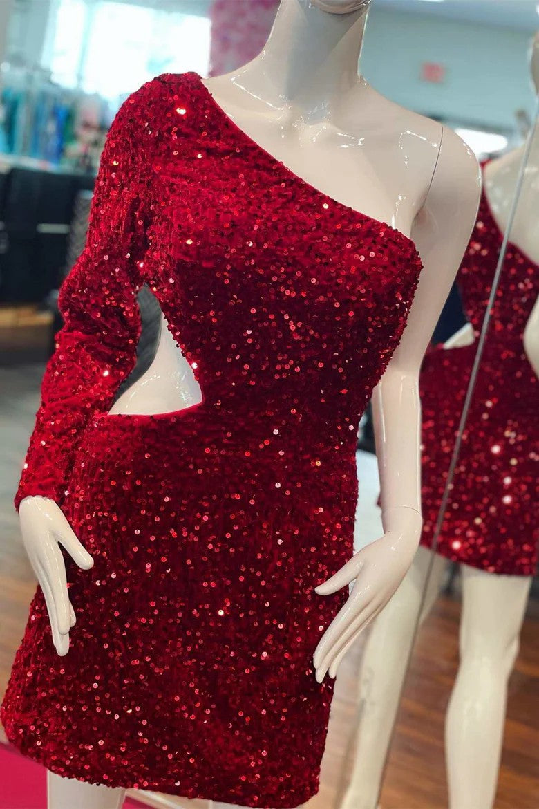 Lumidress Sparkling Purple Sequin One-Sleeve Cutout Mini Homecoming Cocktail Dress