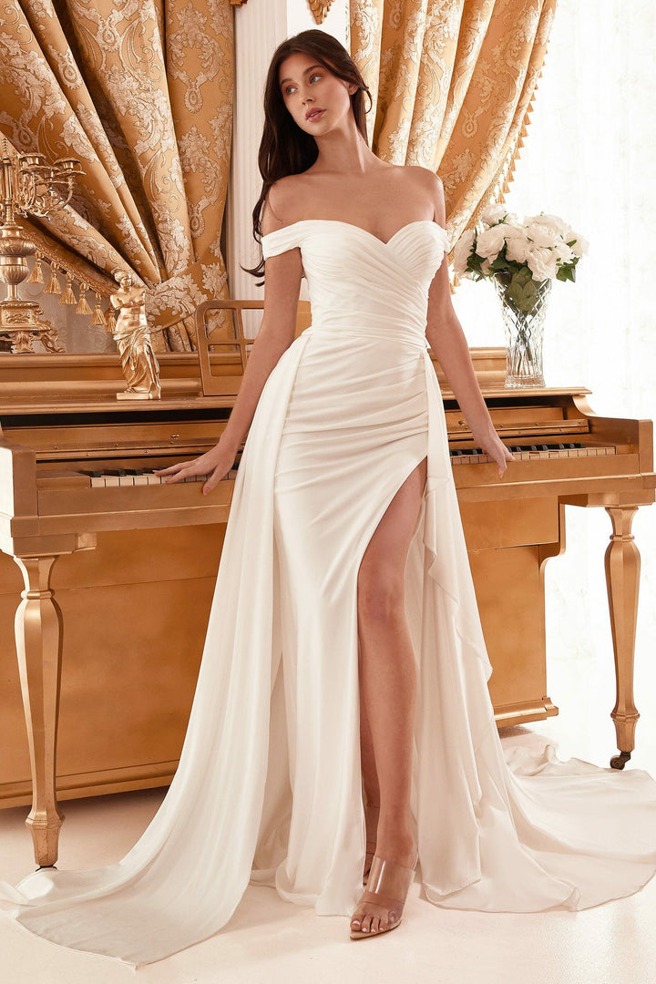 Lumidress Off White Ruched Off Shoulder Slit Wedding Dress
