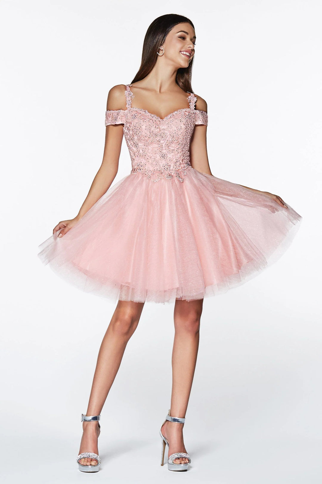 Lumidress Cold Shoulder Glitter Tulle Short Dress with Lace Applique