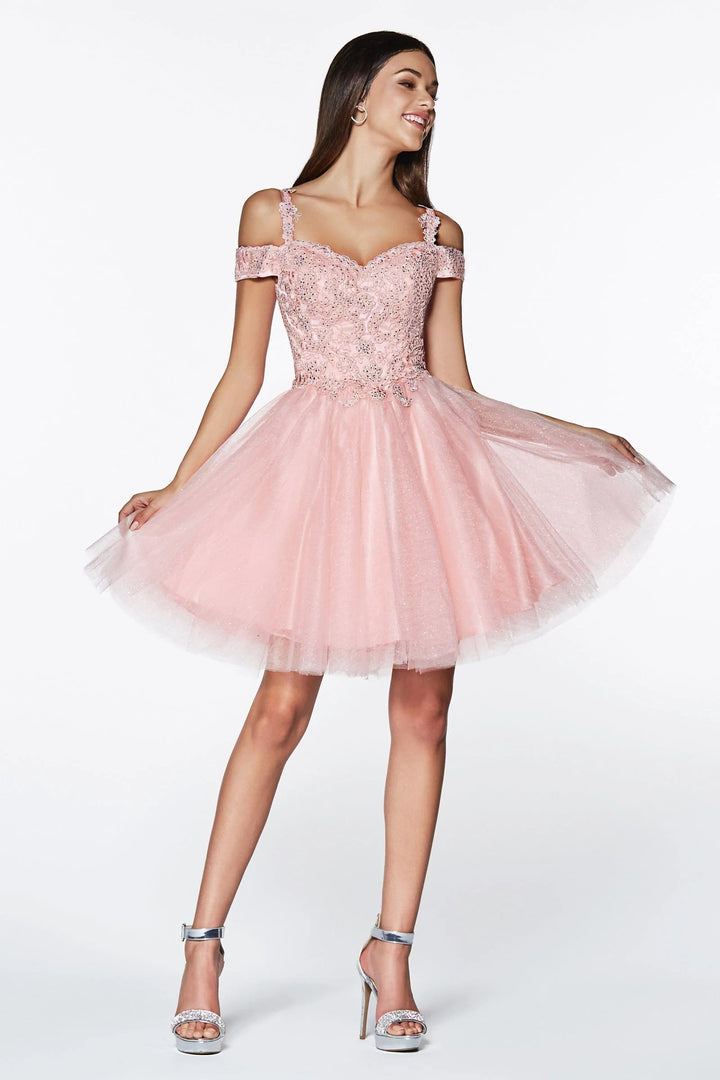 Lumidress Cold Shoulder Glitter Tulle Short Dress with Lace Applique